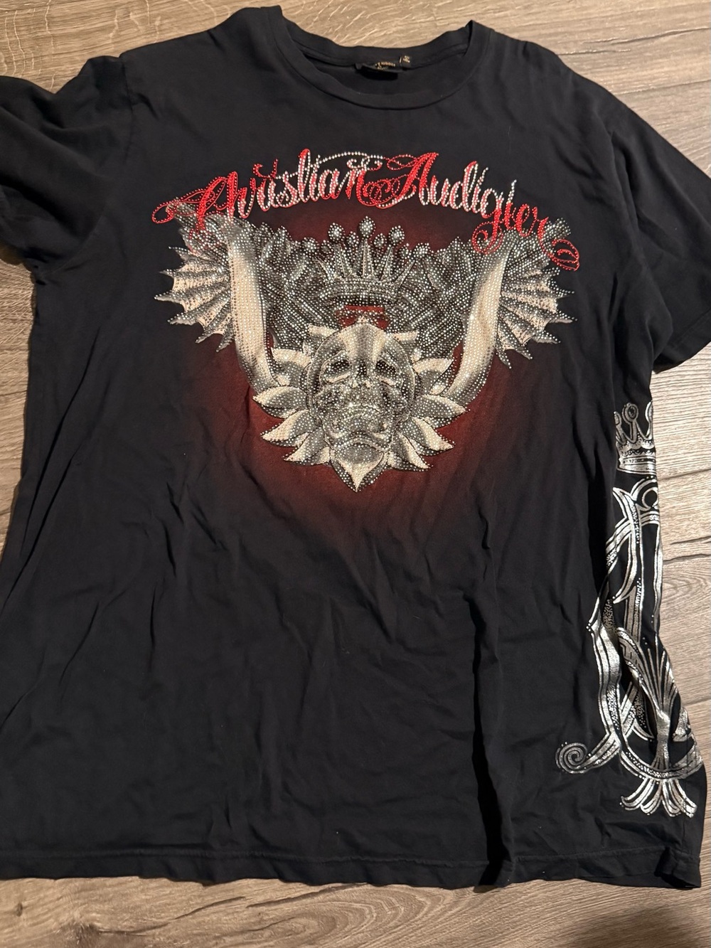 Christian Audigier Black Tee with Red Script & Silver Graphic